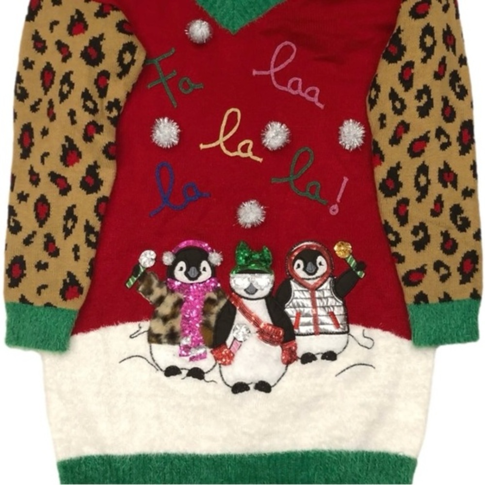 It's Our Time Ugly Christmas Sweater - Red, Green, Festive Penguins Holiday